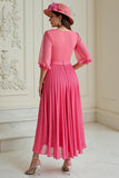 Hot Pink Chiffon Pleated A Line Maxi Wedding Guest Dress with Sleeves