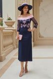Navy Pink Sheath Chiffon Appliqued Long Wedding Guest Dress with Sleeves