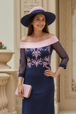 Navy Pink Sheath Chiffon Appliqued Long Wedding Guest Dress with Sleeves