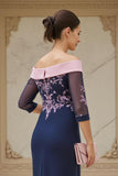 Navy Pink Sheath Chiffon Appliqued Long Wedding Guest Dress with Sleeves
