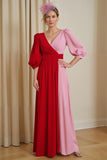 Red Pink Patchwork Chiffon A Line V-Neck Long Wedding Guest Dress with Sleeves