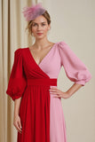 Red Pink Patchwork Chiffon A Line V-Neck Long Wedding Guest Dress with Sleeves