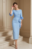 Light Blue Satin Sheath Boat Neck Maxi Wedding Guest Dress with Drape