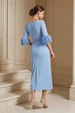 Light Blue Satin Sheath Boat Neck Maxi Wedding Guest Dress with Drape