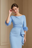 Light Blue Satin Sheath Boat Neck Maxi Wedding Guest Dress with Drape