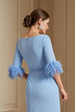 Light Blue Satin Sheath Boat Neck Maxi Wedding Guest Dress with Drape
