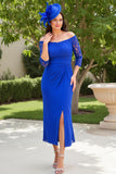 Dark Green Sheath Off the Shoulder Long Wedding Guest Dress with Slit