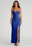 Light Blue Ruched Chiffon Sheath Long Bridesmaid Dress with Slit