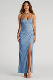 Light Blue Ruched Chiffon Sheath Long Bridesmaid Dress with Slit