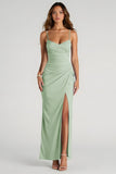 Light Blue Ruched Chiffon Sheath Long Bridesmaid Dress with Slit