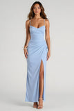 Light Blue Ruched Chiffon Sheath Long Bridesmaid Dress with Slit