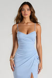 Light Blue Ruched Chiffon Sheath Long Bridesmaid Dress with Slit