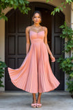 A Line Chiffon Sunset Pleated Spaghetti Straps Maxi Bridesmaid Dress