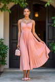 A Line Chiffon Sunset Pleated Spaghetti Straps Maxi Bridesmaid Dress