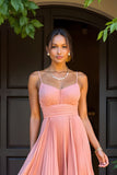 A Line Chiffon Sunset Pleated Spaghetti Straps Maxi Bridesmaid Dress