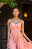 A Line Chiffon Sunset Pleated Spaghetti Straps Maxi Bridesmaid Dress