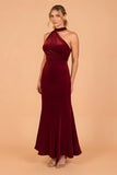 Burgundy Velvet Mermaid Halter Ruched Long Bridesmaid Dress with Ruffles