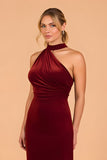 Burgundy Velvet Mermaid Halter Ruched Long Bridesmaid Dress with Ruffles