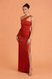 Sheath Chiffon Dark Red Ruched Long Bridesmaid Dress with Slit