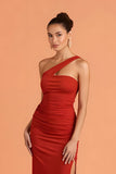 Sheath Chiffon Dark Red Ruched Long Bridesmaid Dress with Slit