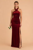 Burgundy Sheath Velvet Criss Cross Halter Maxi Bridesmaid Dress with Slit