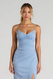 Maxi Light Blue Chiffon Ruched Sheath Bridesmaid Dress with Slit