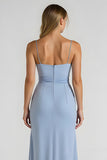 Maxi Light Blue Chiffon Ruched Sheath Bridesmaid Dress with Slit