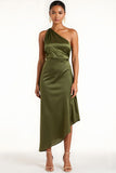Olive Sheath Satin One Shoulder Asymmetrical Maxi Bridesmaid Dress
