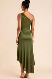 Olive Sheath Satin One Shoulder Asymmetrical Maxi Bridesmaid Dress