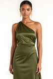 Olive Sheath Satin One Shoulder Asymmetrical Maxi Bridesmaid Dress