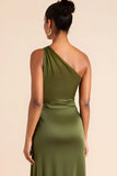 Olive Sheath Satin One Shoulder Asymmetrical Maxi Bridesmaid Dress