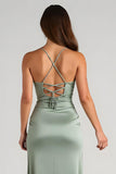 Eucalyptus Satin Sheath Spaghetti Straps Long Bridesmaid Dress with Slit