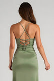 Eucalyptus Satin Sheath Spaghetti Straps Long Bridesmaid Dress with Slit