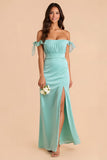 Mint Green Off the Shoulder Sheath Chiffon Long Bridesmaid Dress with Slit