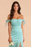 Mint Green Off the Shoulder Sheath Chiffon Long Bridesmaid Dress with Slit
