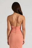 Sunset Sheath Spaghetti Straps Ruched Long Bridesmaid Dress with Slit