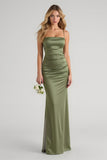 Simple Olive Sheath Satin Spaghetti Straps Maxi Bridesmaid Dress
