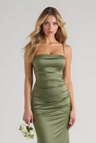 Simple Olive Sheath Satin Spaghetti Straps Maxi Bridesmaid Dress