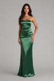 Dark Green Sheath Satin Spaghetti Straps Ruched Long Bridesmaid Dress