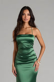 Dark Green Sheath Satin Spaghetti Straps Ruched Long Bridesmaid Dress