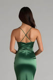 Dark Green Sheath Satin Spaghetti Straps Ruched Long Bridesmaid Dress