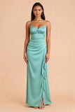 Mint Green Sheath Spaghetti Straps Ruched Maxi Bridesmaid Dress with Ruffles