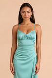 Mint Green Sheath Spaghetti Straps Ruched Maxi Bridesmaid Dress with Ruffles