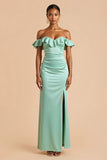 Mint Green Sheath Ruffled Off the Shoulder Long Bridesmaid Dress with Slit