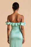 Mint Green Sheath Ruffled Off the Shoulder Long Bridesmaid Dress with Slit