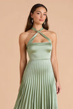 Sage Green Satin A Line Criss Cross Halter Pleated Long Bridesmaid Dress