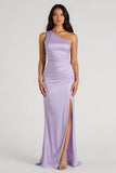 Lilac One Shoulder Sheath Elegant Maxi Bridesmaid Dress with Slit