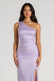 Lilac One Shoulder Sheath Elegant Maxi Bridesmaid Dress with Slit