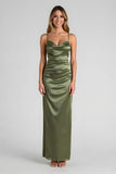 Olive Satin Sheath Spaghetti Straps Long Bridesmaid Dress