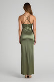 Olive Satin Sheath Spaghetti Straps Long Bridesmaid Dress